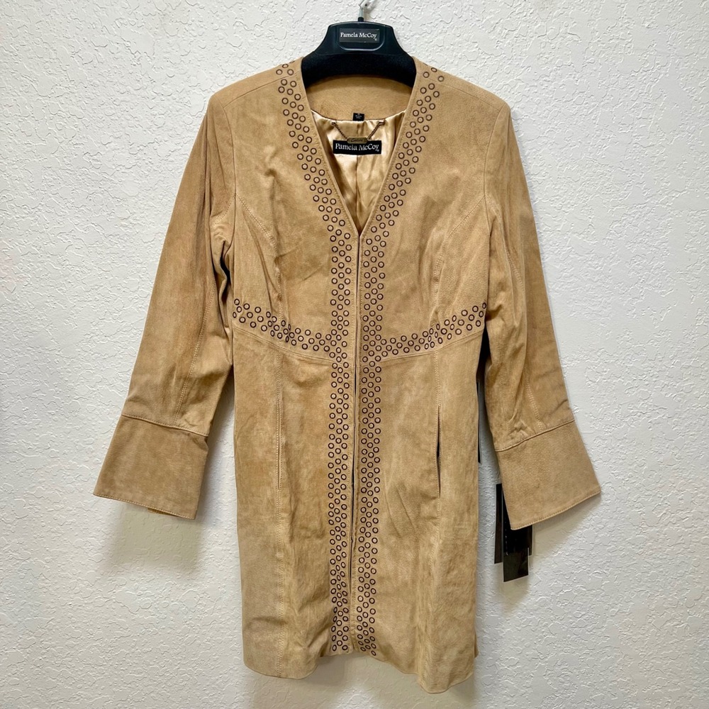 Pamela McCoy NWT Couture Tan Suede Leather Grommet Studded Longline Jacket M